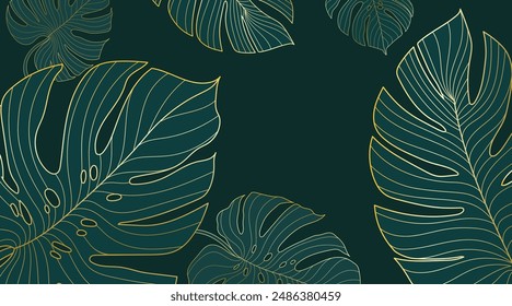 Golden gradient background with monstera leaves. Hand drawn luxury tropical leaf on green background. Best for prints, banner, poster, cover, wallpapers.