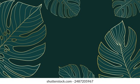 Fondo de degradado dorado con hojas de monstruo. Hoja tropical de lujo dibujada a mano sobre fondo verde. Ideal para estampados, Anuncio, póster, portada, Fondos de pantalla.