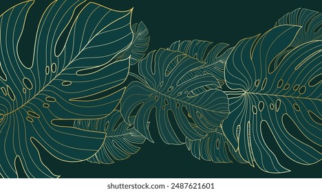 Golden gradient background with monstera leaves. Hand drawn luxury tropical leaf on green background. Best for prints, banner, poster, cover, wallpapers.