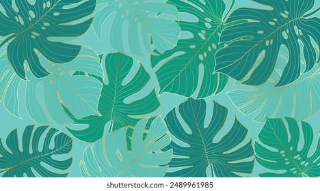 Golden gradient background with monstera leaves. Hand drawn luxury tropical leaf on turquoise background. Best for prints, banner, poster, cover, wallpapers.