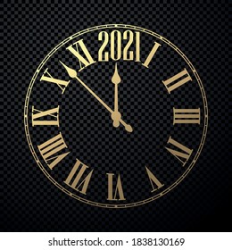 Golden gradient clocks showing 2021 year. Transparent background. Vector holiday illustration.