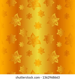 Golden gradient colored hand drawn flowers seamless pattern on gold background for fabric, cloth, textile, print, material, wallpaper, backsplash or wrapping paper. Floral backdrop vector illustration