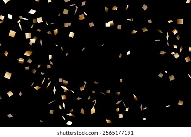 golden gradient confetti flying on black background. shiny golden confetti isolated abstract background best for holiday, birthday, celebration party, etc.