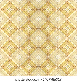 Golden gradient diagonal seamless pattern with rhombuses made of wavy ines. Vector image