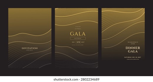 Golden gradient event invitation templates featuring elegant wavy lines for a luxurious gala, dinner, or special celebration on December 25, 2027. Modern design.