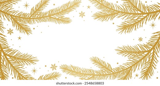 Golden gradient festive winter holiday pine branch frame, Christmas vector wallpaper, elegant background for greeting card template