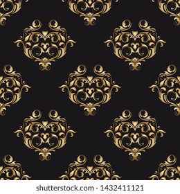 Golden gradient floral ornament on dark background. Seamless vintage ornament on background. Wallpaper pattern