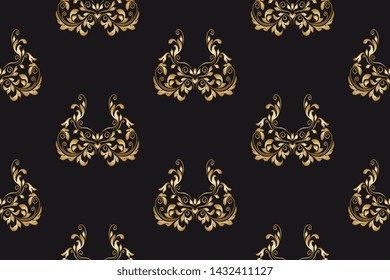 Golden gradient floral ornament on dark background. Seamless decorative floral ornament on background. Wallpaper pattern