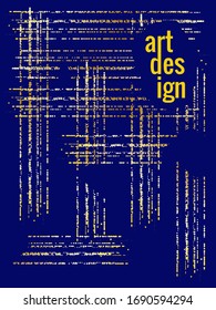 Golden gradient frame on dark blue background of chaotic directions. Vector vertical illustration. For design of posters, paintings, fabrics, web design, magazines, invitations, cards, advertising.