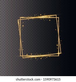 Golden gradient frames with light. Golden shiny frames with dust isolated on a transparent background. Vector illustration of a gold rim.  Luxurious realistic borders. 