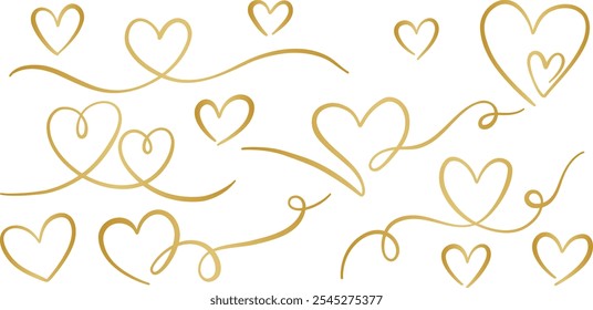 Golden gradient heart swirls vector line art banner elements, hearts illustration collection isolated