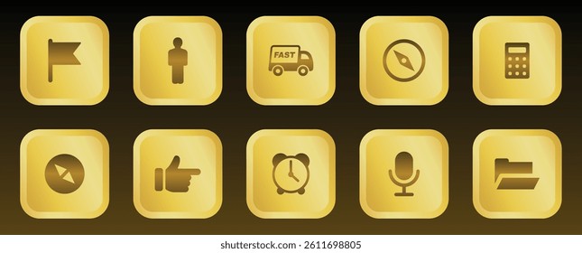 Golden Gradient Icon Set with Navigation, Delivery, Communication, and Office Symbols in Luxury 3D Style for Website, Mobile Interface, App Dashboard, and Business Design Projects