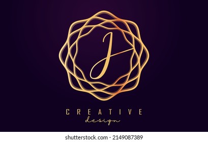 Golden gradient J letter logo. Vector letter with wavy monogram design and luxury colors.