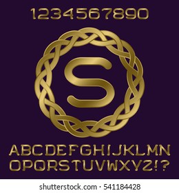 Golden gradient letters and numbers with initial monogram in decorative frame. Stylish font kit for logo design.