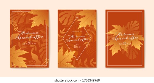 Golden gradient maple leaves on pumpkin orange background, Autumn season brochure design set