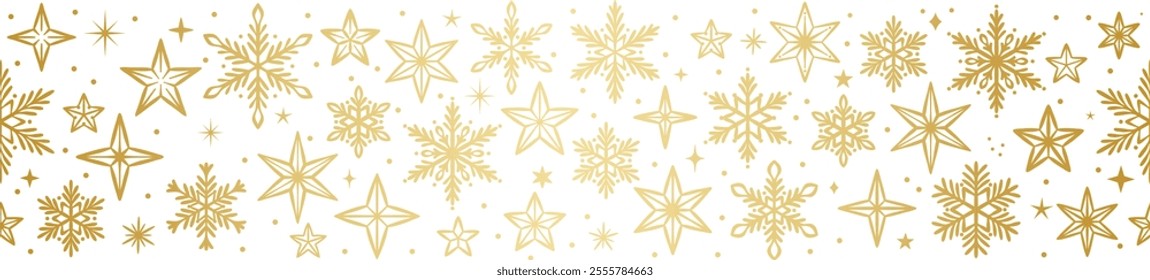 Golden gradient metallic banner, seamless repeating festive winter holiday border with stars and snowflakes, isolated