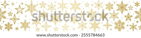 Golden gradient metallic banner, seamless repeating festive winter holiday border with stars and snowflakes, isolated
