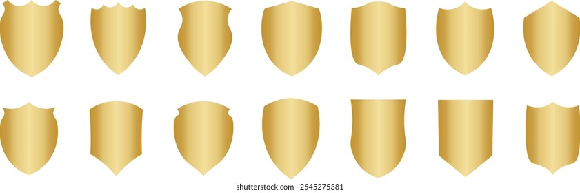 Golden gradient metallic vector shield silhouettes set, isolated