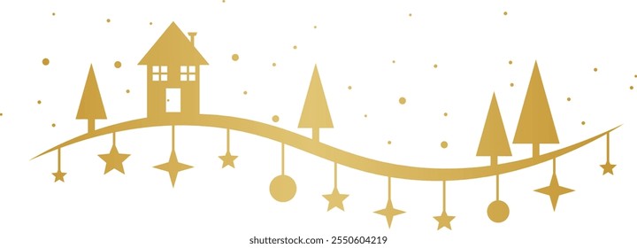 Golden gradient minimalist Christmas border, vector winter scene flat illustration clip art design