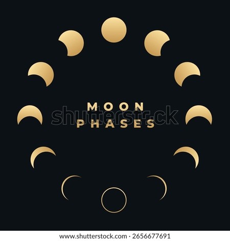 Golden gradient moon phases cycle vector design minimalist astronomy illustration lunar stages diagram modern celestial chart spiritual poster black background astronomy icon printable concept