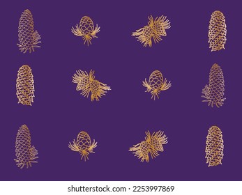 golden gradient pinecones seamless pattern. Hand drawn fir tree branches, cones on purple background. 