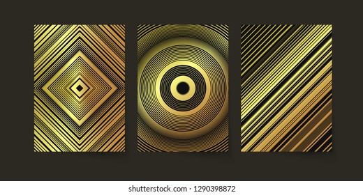 Golden gradient set of backgrounds, luxury poster elements, business cards, presentation template, backdrop, brochure cover, gold pattern, geometric lines. Vector illustration