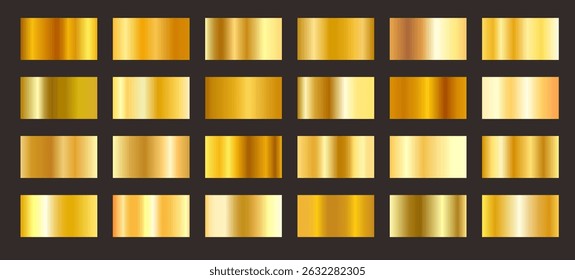 Golden gradients. Gold metallic shiny gradient effect, yellow metal frames. Gold or bronze foil texture for glossy banners and premium labels. Vector luxury set.