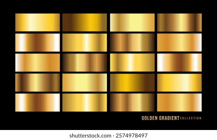Golden gradients set. Metallic gold gradients. Elegant gold gradients collection.The texture of a smooth metal surface. A collection of gold metallic gradients. Vector illustration
