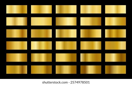 Golden gradients set. Metallic gold gradients. Elegant gold gradients collection.The texture of a smooth metal surface. A collection of gold metallic gradients. Vector illustration