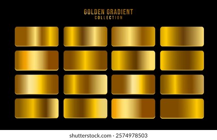 Golden gradients set. Metallic gold gradients. Elegant gold gradients collection.The texture of a smooth metal surface. A collection of gold metallic gradients. Vector illustration