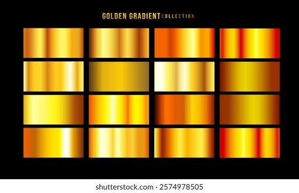 Golden gradients set. Metallic gold gradients. Elegant gold gradients collection.The texture of a smooth metal surface. A collection of gold metallic gradients. Vector illustration