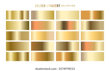 Golden gradients set. Metallic gold gradients. Elegant gold gradients collection.The texture of a smooth metal surface. A collection of gold metallic gradients. Vector illustration