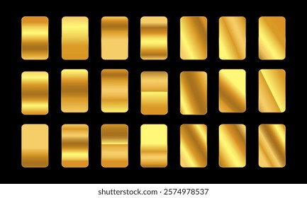 Golden gradients set. Metallic gold gradients. Elegant gold gradients collection.The texture of a smooth metal surface. A collection of gold metallic gradients. Vector illustration