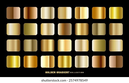 Golden gradients set. Metallic gold gradients. Elegant gold gradients collection.The texture of a smooth metal surface. A collection of gold metallic gradients. Vector illustration