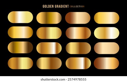 Golden gradients set. Metallic gold gradients. Elegant gold gradients collection.The texture of a smooth metal surface. A collection of gold metallic gradients. Vector illustration