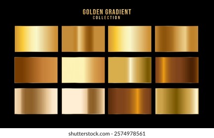 Golden gradients set. Metallic gold gradients. Elegant gold gradients collection.The texture of a smooth metal surface. A collection of gold metallic gradients. Vector illustration