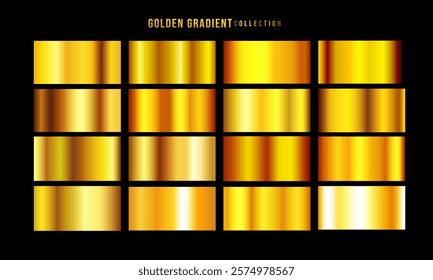 Golden gradients set. Metallic gold gradients. Elegant gold gradients collection.The texture of a smooth metal surface. A collection of gold metallic gradients. Vector illustration