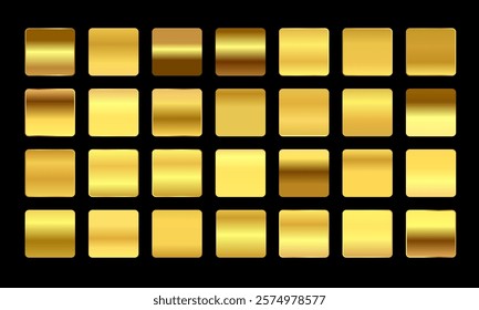 Golden gradients set. Metallic gold gradients. Elegant gold gradients collection.The texture of a smooth metal surface. A collection of gold metallic gradients. Vector illustration