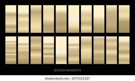 Golden gradients set. Metallic gold gradients. Elegant gold gradients collection .Texture set isolated on black background. Vector golden shine metallic gradient set. Metal Gold Bronze gradient