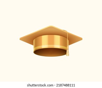 Golden graduation cap college, high school or university isolated on white background. Gold 3d degree ceremony hat. Educational student symbol. Vector illustration
