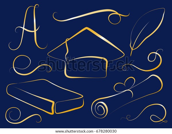 Golden graduation cap and education element.
Graduation day vector clipart. Student cap, diploma, book, feather,
grade A. Festive graduation icons. Education logo template. Golden
graduation day signs