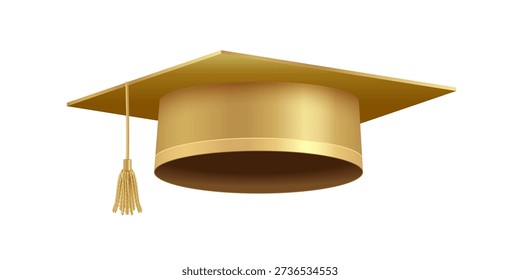 Golden graduation cap. Gold academic hat with tassel symbolizing success, achievement, and university or school graduation ceremony. Education concept. Vector illustration isolated on white.