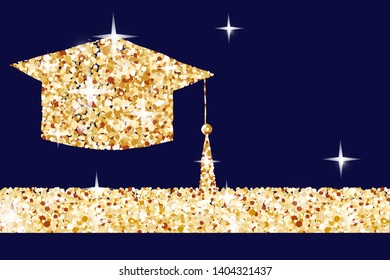 Golden graduation cap horizontal banner, gold college student icon made of golden glitter dust on dark blue background. EPS10 vector.