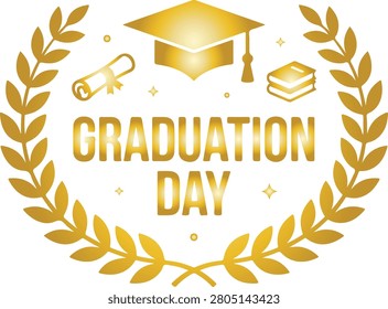 Golden graduation day emblem featuring academic cap scroll and books surrounded by laurel wreath for festive commencement ceremony celebration