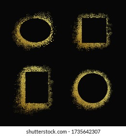 Golden graffiti paint square, rectangle, round frames. Gold grunge spray borders Airbrush ink dot banners set.