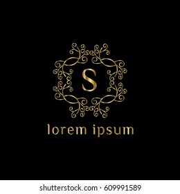 Golden grame logo design with letter S inside. Floral frame element