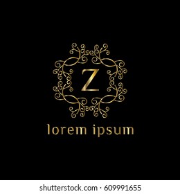 Golden grame logo design with letter Z inside. Floral frame element