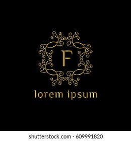 Golden grame logo design with letter F inside. Floral frame element