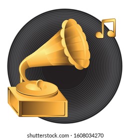 Golden gramophone record note on isolated background. Vector image. Logotype. eps 10