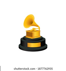 Golden gramophone thropy award achievement for music symbol concept in cartoon illustration vector on white background